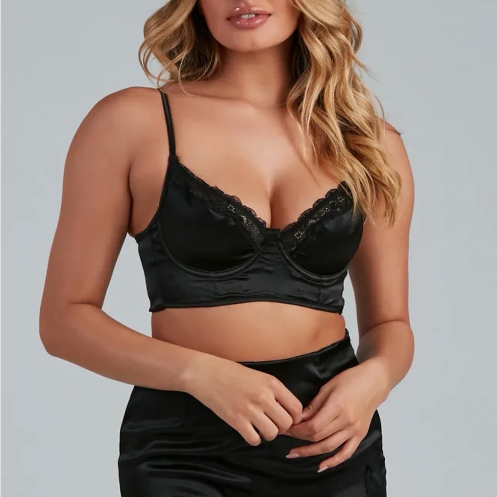 Fashion Nova Black Satin Lace Bralette Crop Top